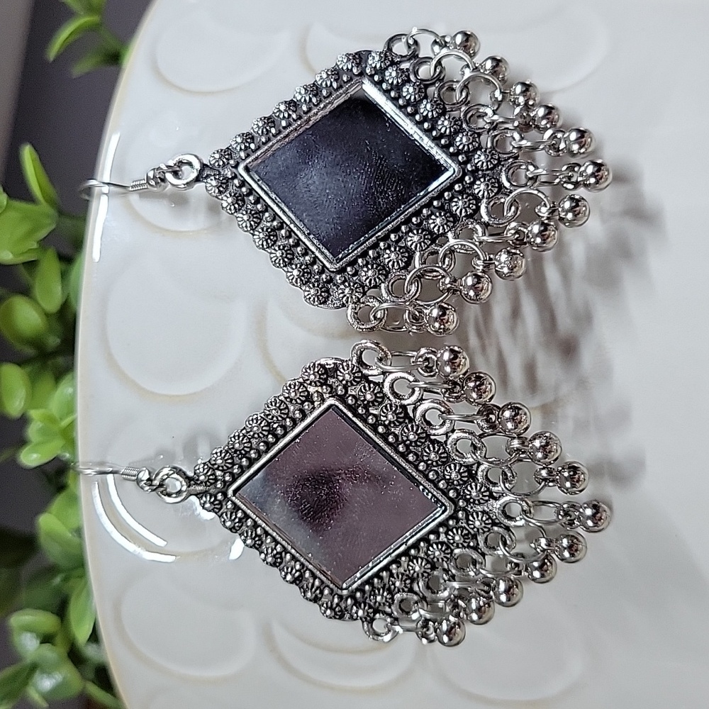 Mirrored Silver Drop Earrings, Geometric Bold with Jhumka - Picture 4 of 5
